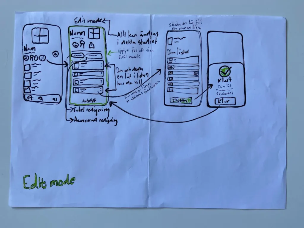 Sketched wireframe concept of Spotify Edit mode