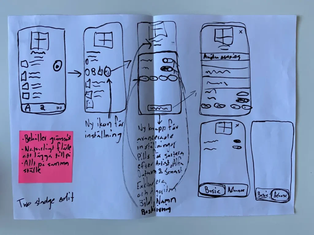Sketched wireframe concept of Spotify Two stage edit