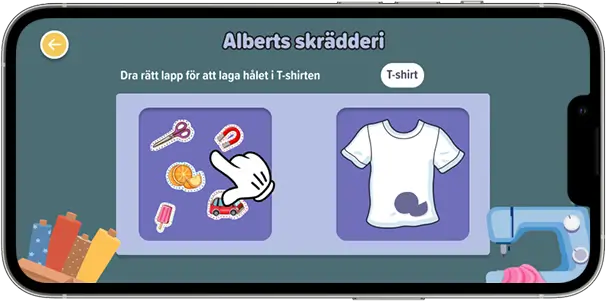 iPhone mockup with our concept of a game in Albert Junior were you drag and drop objects to repair a T-shirt