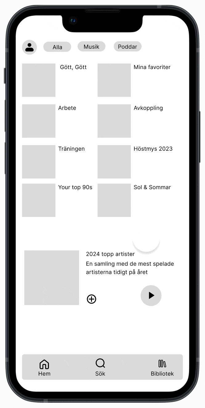 iPhone mockup with a low fidelity wireframe prototype for usability tests.