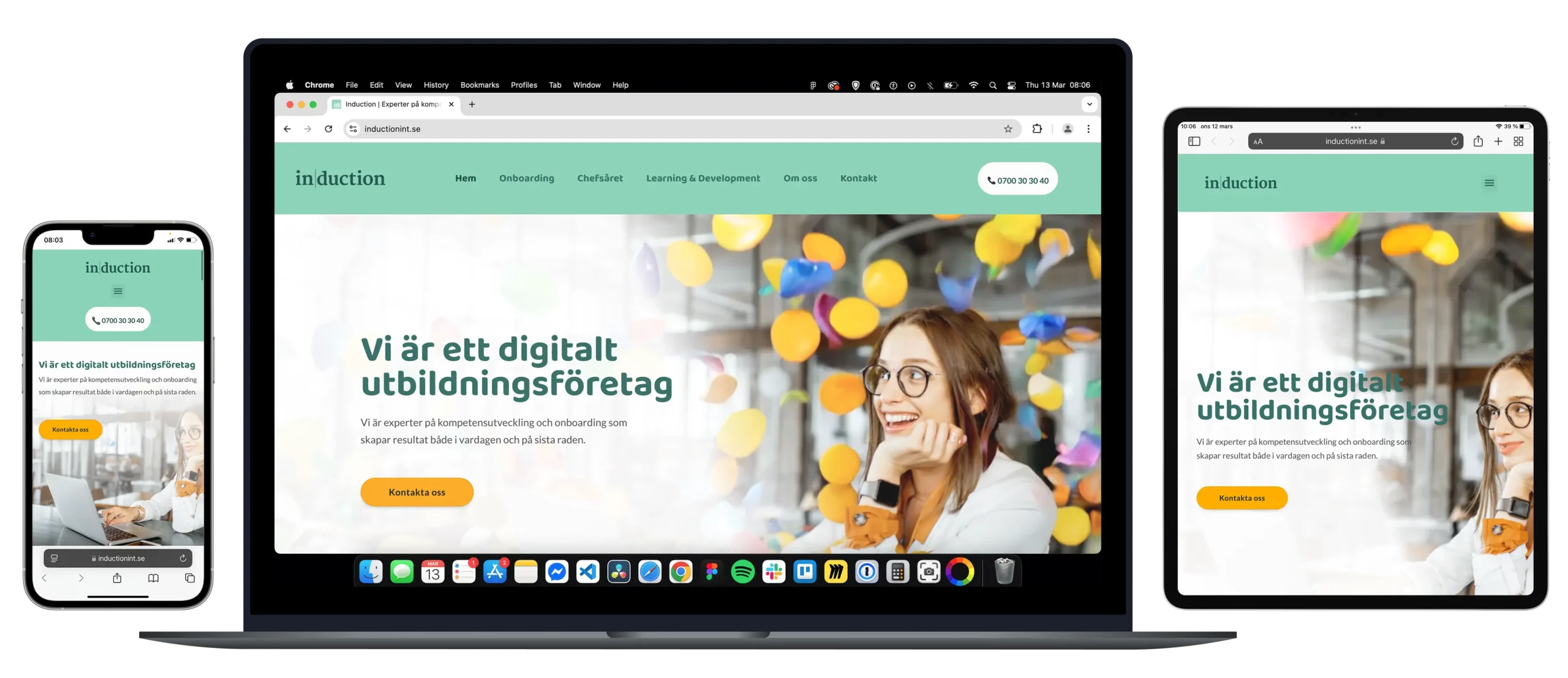 A computer with an iPhone and iPad that shows Inductions website.