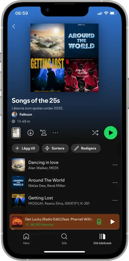 iPhone mockup with a screenshot of a playlist and new buttons for edit