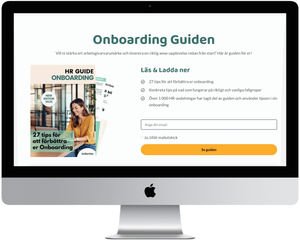 En iMac mockup som visar landningssidan för att ladda ner Inductions Onboarding guide på Inductions nya hemsida.